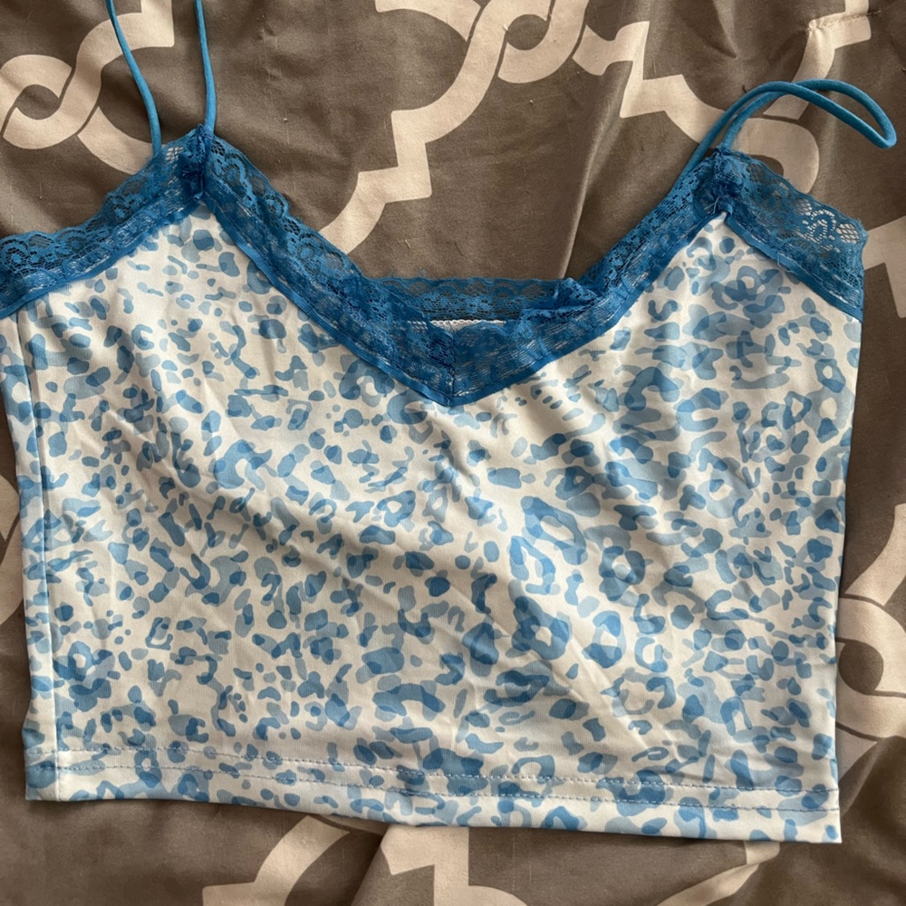 blue CHEETA print “y2k” spaghetti strap crop top